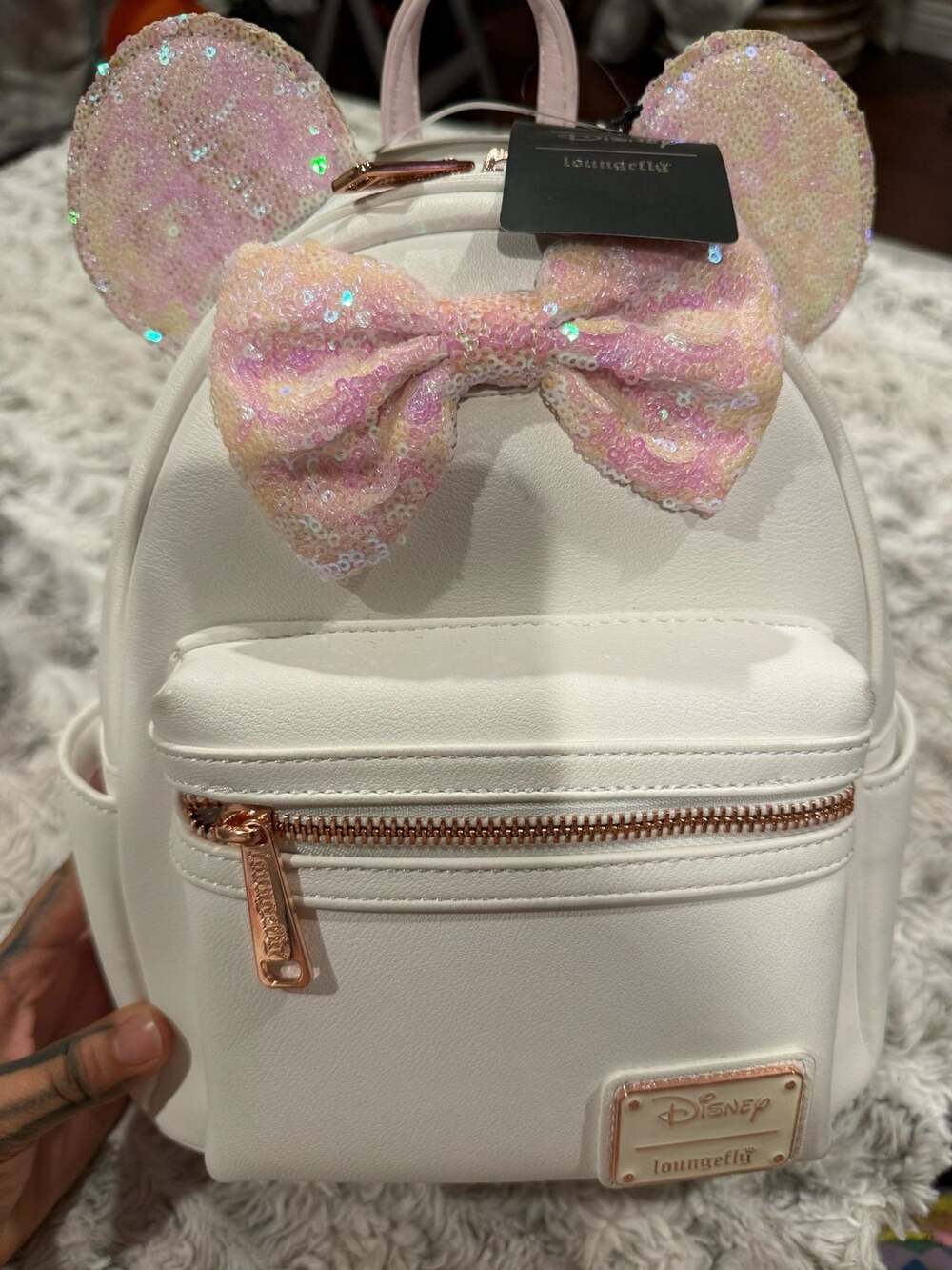 Loungefly Disney Minnie Mouse White Iridescent Sequin Mini Backpack BNWT